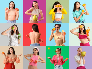 Poster - Collage of young women with different citrus fruits on color background