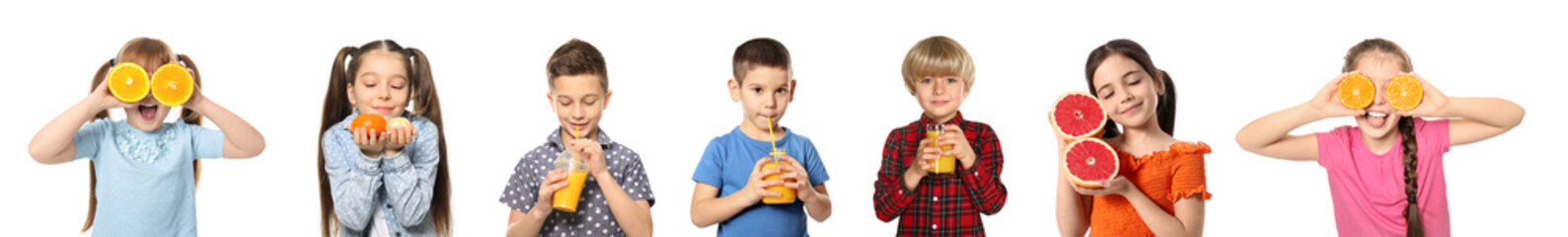 Poster - Set of cute little children with citrus fruits on white background