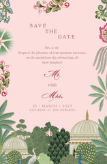 Mughal Wedding Card Design for Invitation. Invitation card with tropical trees, peacock, Mughal arch, colorful flower, and pinkish background for printing vector illustration.