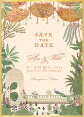 Traditional Indian Wedding Invitation Card Design. Rajasthani Jaipuri wedding decorative colorful umbrellas, an arch, peacocks, and tropical trees. Vector illustration.