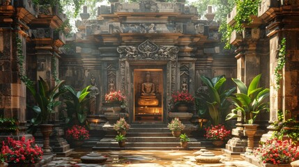 Background depicting a spiritual landscape of East Java, combining elements of Hindu and Buddhist architecture with a vintage touch to highlight the historical significance of the region 