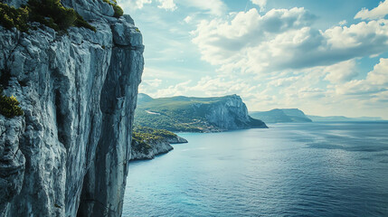 Serene Coastal Cliffs Overlooking Calm Waters Under Blue Skies in Midday Light