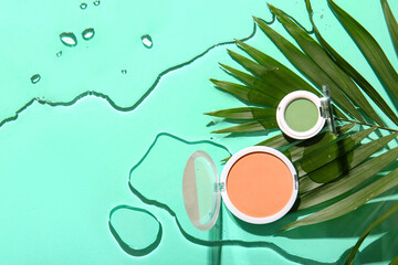 Wall Mural - Composition with makeup concealers and palm leaf on color background