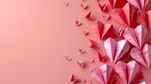 Love in the Air: High-Quality Valentine's Day Background with Pink Paper Hearts on a Delicate Pink Backdrop