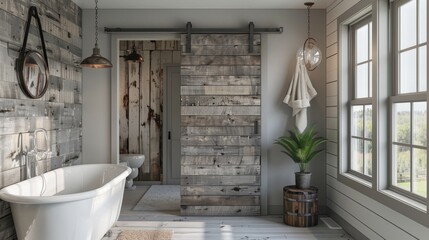 Wall Mural - Rustic Charm in a Modern Setting - Captivating Modern Farmhouse Restroom with Sliding Barn Door and Vintage Fixtures