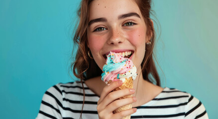 Sticker - A beautiful woman in her thirties, eating an ice cream cone with colorful swirls of pink and green on top