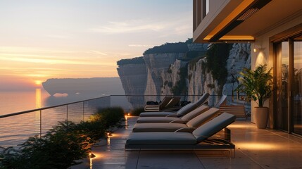 A high-end terrace lounge featuring a sleek, modern design, elegant loungers, and a breathtaking view of a coastal cliff at dawn.