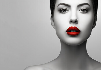 Wall Mural - A professionally retouched portrait of a beautiful  woman with red lips, perfect for advertising and fashion purposes, featuring ample copy space