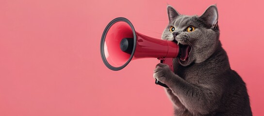  a grey cat holding a megaphone on a pink background, concept banner for animal rescue and attention advertising with a happy pet screaming into a bullhorn to an audience