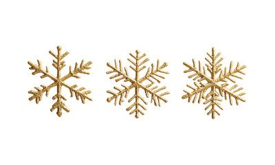 3D rendering of three golden snowflakes