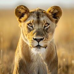 Sticker - Majestic Lioness Stalking on the Savannah Captivating Wildlife Portrait with Copy Space