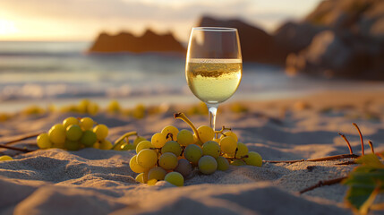 A glass of white wine on the beach, with grapes beside it and sand underfoot. The background is an ocean view at sunset, creating a relaxed atmosphere.