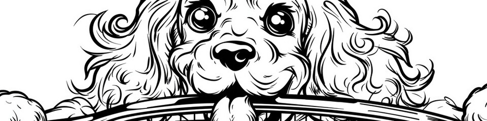 Poster - A happy flat coloring book illustration for a kids book featuring a black and white drawing of a cartoon cocker spaniel holding a tennis racket in its mouth