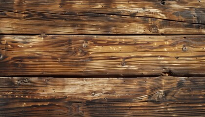 Close-up of weathered, brown wood planks with knots and grain patterns.