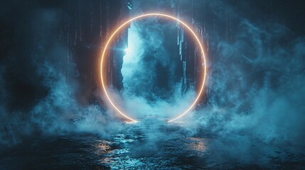 Canvas Print - Enchanting futuristic portal enveloped in mist, encircled by a round, advanced teleportation device emitting a radiant glow. Neon lights adorn the dark sky