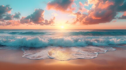 Wall Mural - serene sunrise at tropical beach with gentle waves and vibrant sky reflection