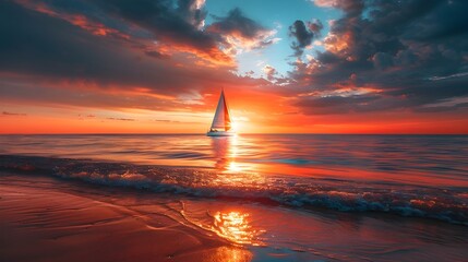 Sticker - Tranquil Sunset Sailboat Seascape with Dramatic Sky and Calm Waters