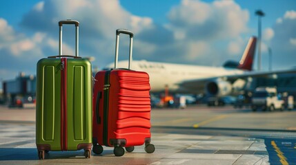 two red and green suitcases at airport terminal with airplane in the background. travel concept.