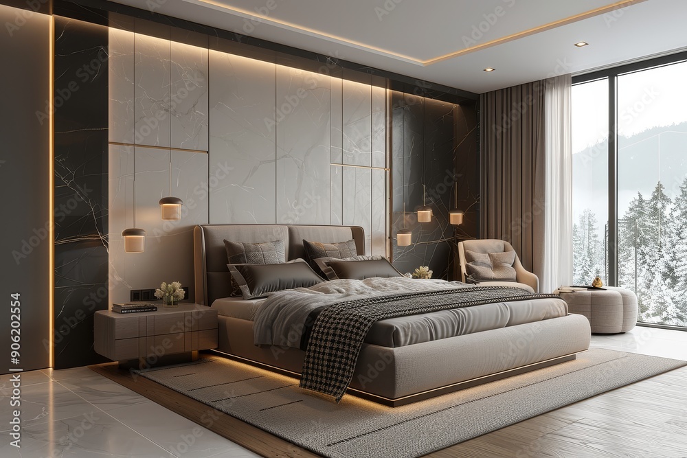 Stylish Modern Bedroom with Gray Bed, Black and White Checkered Wall ...