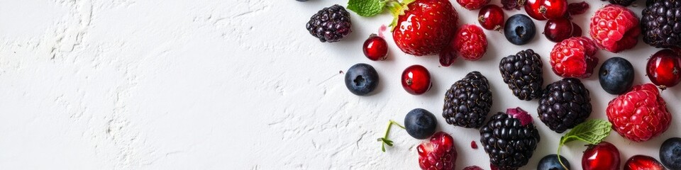 Fresh Summer Berries and Fruits on White Background: Healthy Lifestyle, Vitamins, and Nutrition Concept. Creative Pattern for Advertising, Marketing, and Wellness Campaigns with Copy Space for Text fr