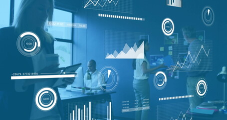 Poster - Image of financial data processing over diverse colleagues discussing work in office