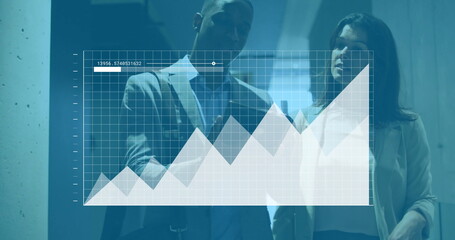Poster - Image of financial data processing over diverse colleagues discussing work in office