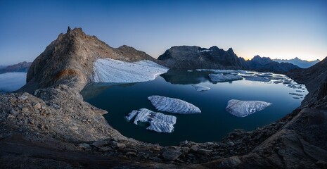 Summer landscape view of the Chuebodengletscher with icebergs on a glacier lake