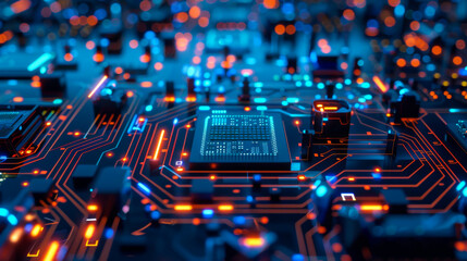 Poster - A computer chip is shown in a blue and orange color scheme. The chip is made up of many small squares and lines, giving it a complex and intricate appearance.