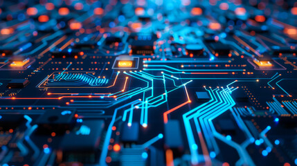Poster - A computer chip is shown in a blue and orange color scheme. The chip is made up of many small squares and lines, giving it a complex and intricate appearance.