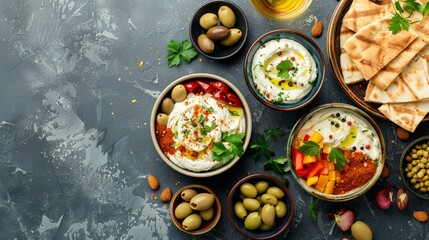 Wall Mural - Middle eastern breakfast spread with labneh cheese, fava beans, pepper dip and spices. Included are vegetables, olives and pita bread