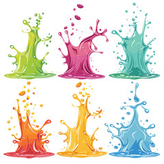 Colorful paint splashes six different colors splattering dripping. Vibrant liquid drops creating dynamic motion, artistic abstract background. Cartoon style paint splashes used creativity design