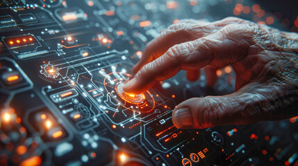 Poster - A hand interacts with a high-tech futuristic interface, featuring holographic data and glowing graphics on a dark background. Concept of technology and innovation