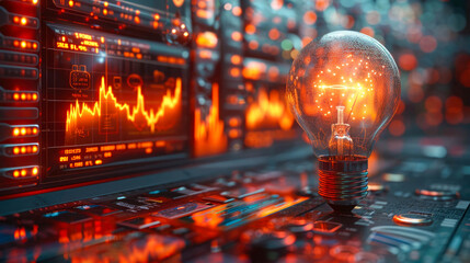 Poster - A glowing light bulb sits on a digital stock market background with colorful graphs and charts, symbolizing innovation and financial insight