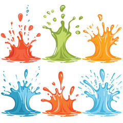 Poster - Six colorful liquid splashes cartoon style. Red, green, yellow, blue, orange, light blue paint splash designs. Graphic representations dynamic fluid splatter