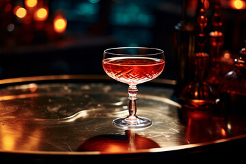 Red cocktail drink on table in bar