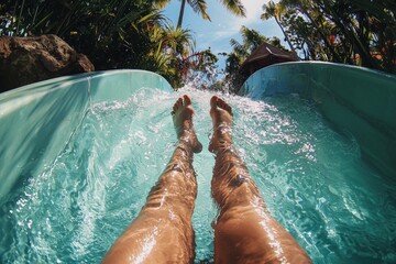 first person view of a water slide at a tropical resort