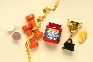 Sticker - Composition with protein powder, gold cup, dumbbells and measuring tape on color background