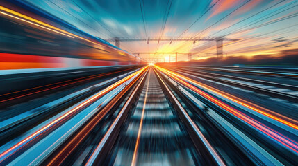 Wall Mural - Two trains are traveling down a track with mountains in the background. The trains are very long and are moving very fast