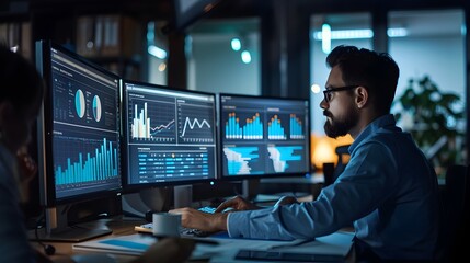 Poster - Team of Professionals Analyzing Financial Data on Multiple Computer Screens in Modern Office