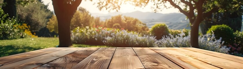 Wall Mural - Rustic Wooden Table in Serene Outdoor Garden Patio with Sunlit Landscape