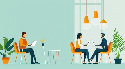 Poster - co-working space, professionals working in open office, flat design illustration