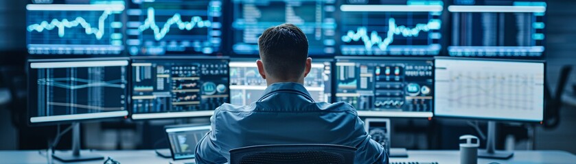 Poster - Documentary style photograph of a high-frequency trading setup, advanced computing systems, real-time data feeds, focused trader, futuristic office design