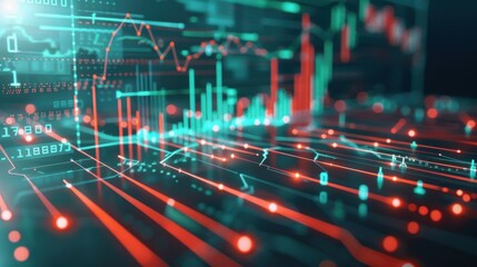 Poster - Double Exposure Financial Growth and Decline Double exposure of financial growth represented by green upward graphs and financial decline represented by red downward graphs, both on a digital screen.