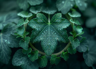 Wall Mural - Macro shot of a vibrant green leaf adorned with sparkling water droplets.