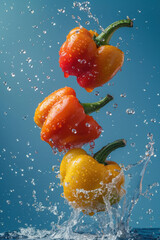 Sticker - Three peppers are floating in the air above a blue body of water. The peppers are orange and yellow, and they are surrounded by water droplets. Concept of playfulness and whimsy