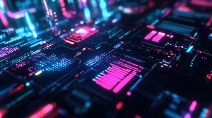Close-up of an AI hologram with neon light accents, displaying data streams and digital code in a dark, technologically advanced setting 