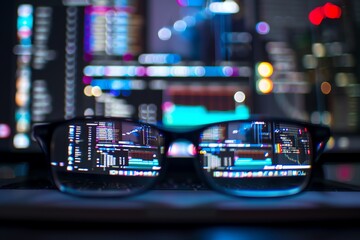 Fototapete - Abstract reflection of computer screen with coding and bokeh lights.