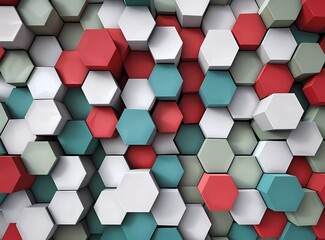 Poster - 3d render of colorful and geometric pattern with simple hexagon shapes, red green grey blue gray white background