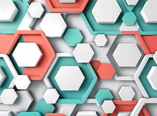 Poster - 3d render of colorful geometric pattern, seamless background with white space in the center, grey and green lines, red and blue hexagons
