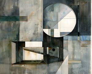 Poster - Abstract geometric painting with a mix of lines, shapes, and muted colors, creating a modern, artistic, and dynamic visual composition.